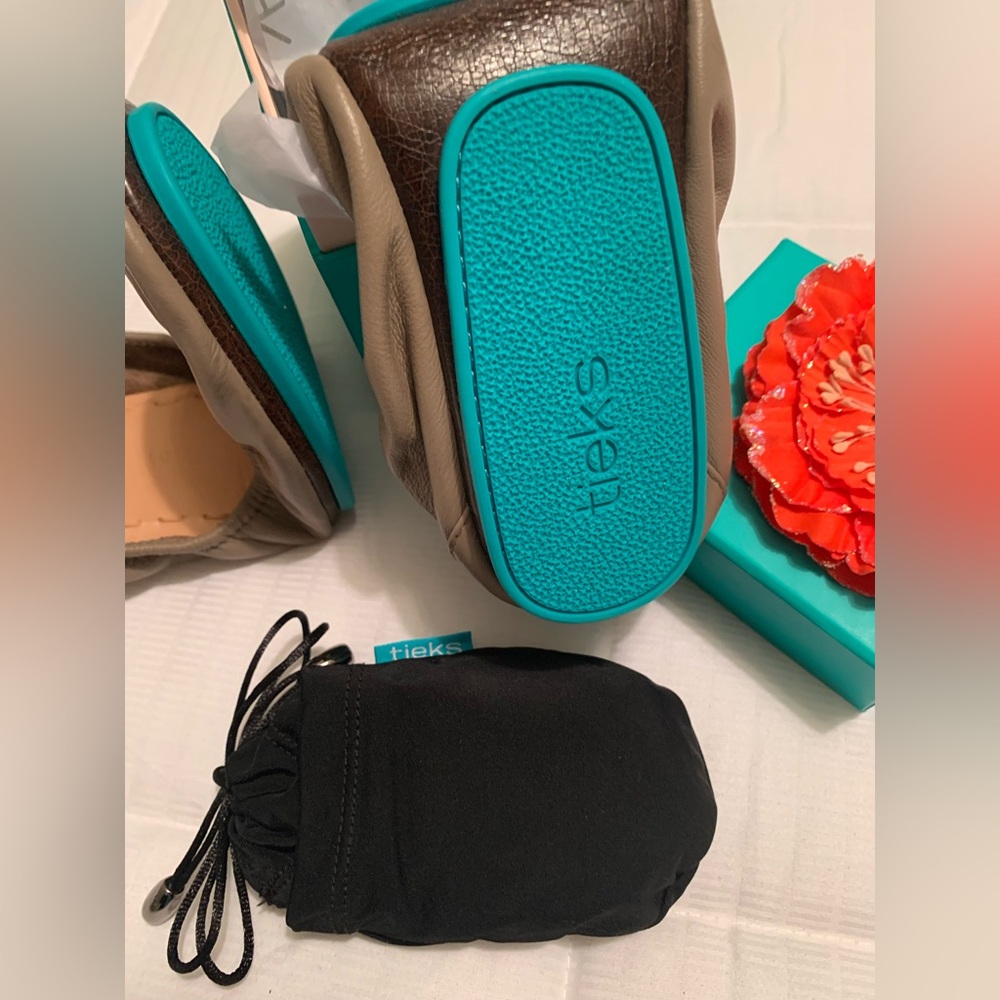 Tieks Teal and Brown Foldable Ballet Flats - Picture 2 of 5